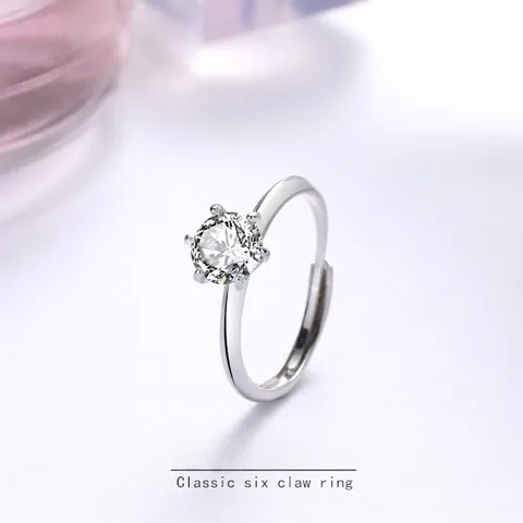 Classic 925 Sterling Silver Six-Claw Solitaire Ring White Gold Plated Adjustable Moissanite Zirconia Wedding Engagement Finger Ring For Women