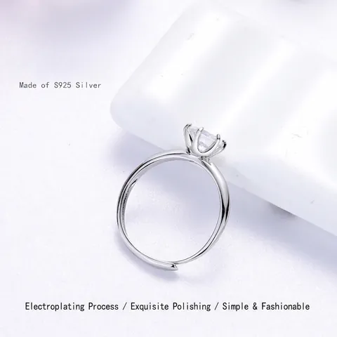 Classic 925 Sterling Silver Six-Claw Solitaire Ring White Gold Plated Adjustable Moissanite Zirconia Wedding Engagement Finger Ring For Women