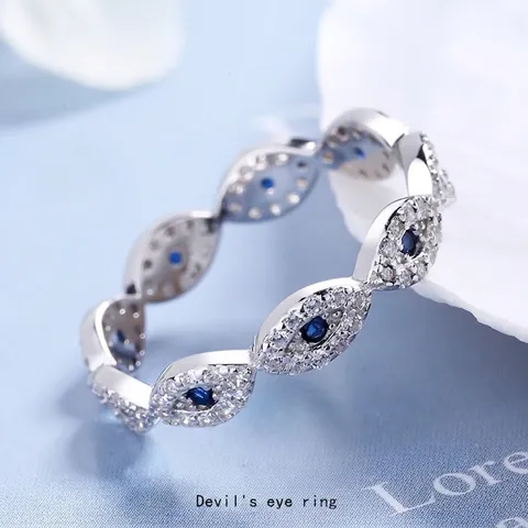 Vintage S925 Sterling Silver Evil Eye Ring For Women Blue Pave Rhinestone Geometric Marquise Finger Ring Fashion Jewelry