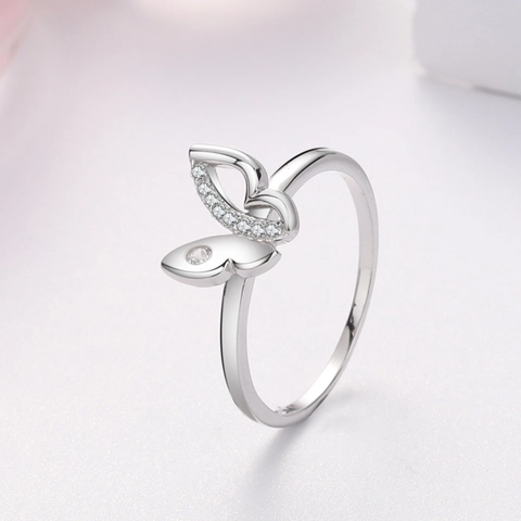925 Sterling Silver Butterfly Ring For Women Shiny Rhinestone Inlaid Fashion Korean Simple Style Jewelry Finger Decoration Gift