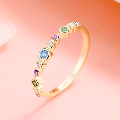 Anillo de Plata de Ley S925 con Pedrería de Colores en Fila Forma Geométrica Joyería Chapada en Oro para Mujer Regalo
