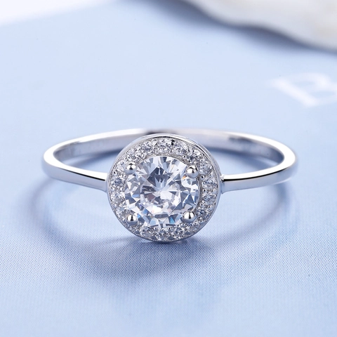 Elegante 925 Sterling Zilveren Halo Ring Voor Dames Ronde Slijpvorm Strass Ingelegde Verlovings Trouwring Minimalistische Sieraden