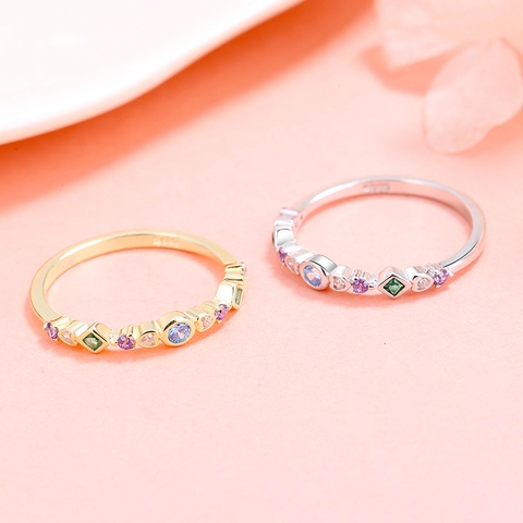 Anillo de Plata de Ley S925 con Pedrería de Colores en Fila Forma Geométrica Joyería Chapada en Oro para Mujer Regalo