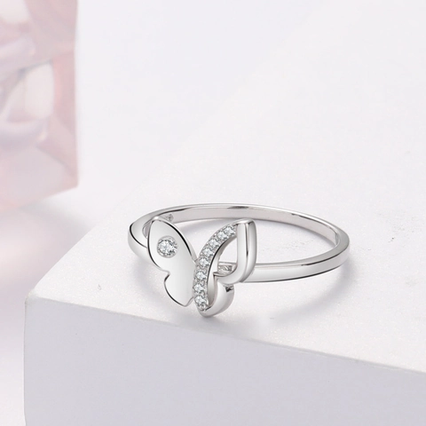 925 Sterling Silver Butterfly Ring For Women Shiny Rhinestone Inlaid Fashion Korean Simple Style Jewelry Finger Decoration Gift