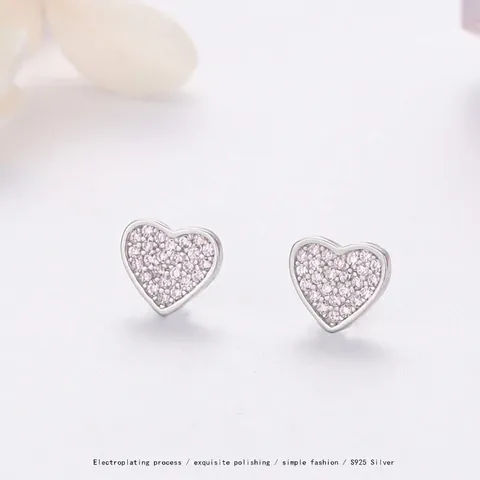 S925 Sterling Silver Heart Stud Earrings For Women Sweet Romantic Pink White Rhinestone Inlaid Earring Fashion Jewelry Gift