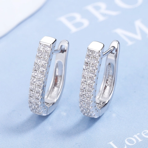 925 Sterling Silver U-Shaped Hoop Earrings For Women Double Row Pave White Rhinestone Minimalist Fashion Ear Jewelry Accessories