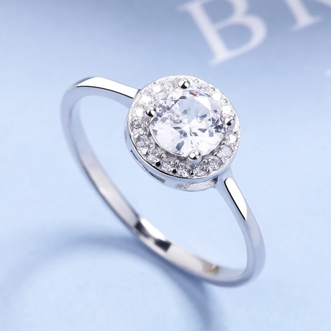 Elegante 925 Sterling Zilveren Halo Ring Voor Dames Ronde Slijpvorm Strass Ingelegde Verlovings Trouwring Minimalistische Sieraden
