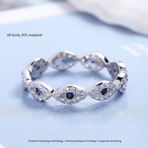 Vintage S925 Sterling Silver Evil Eye Ring For Women Blue Pave Rhinestone Geometric Marquise Finger Ring Fashion Jewelry