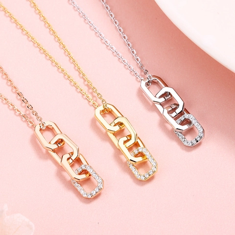 925 Sterlingsilber Geometrische Anhänger Halskette Strass Ineinandergreifende Rechteckige Glieder Kette Für Damen Schmuck Alltag Party Geschenk