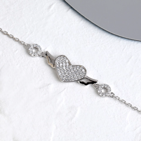 925 Sterling Silver Heart Wing Bracelet For Women Pave Rhinestone Sparkling Adjustable Chain Fashion Jewelry Elegant Gift