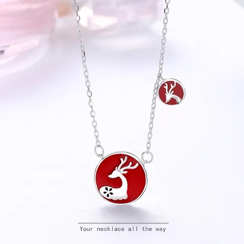 925 Sterling Silver Reindeer Necklace Red Enamel Double Pendant Adjustable Chain Christmas Birthday Jewelry Gift