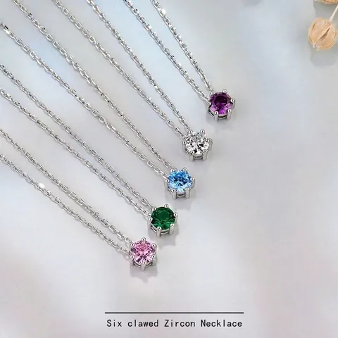 Collar de Plata de Ley 925 con Colgante de Circonia de Seis Garras para Mujer Joyería Minimalista con Circonia de Colores Brillantes