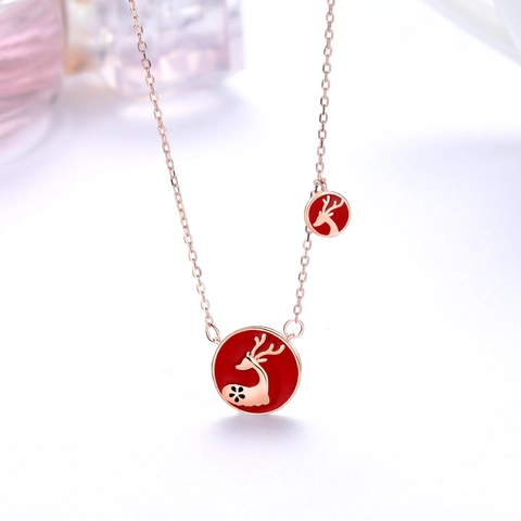 925 Sterling Silver Reindeer Necklace Red Enamel Double Pendant Adjustable Chain Christmas Birthday Jewelry Gift
