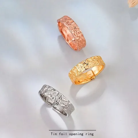 925 Sterlingsilber Alufolientextur Offener Ring Für Damen Herren Minimalist Gehämmert Verstellbarer Ring Dark Style Schmuck
