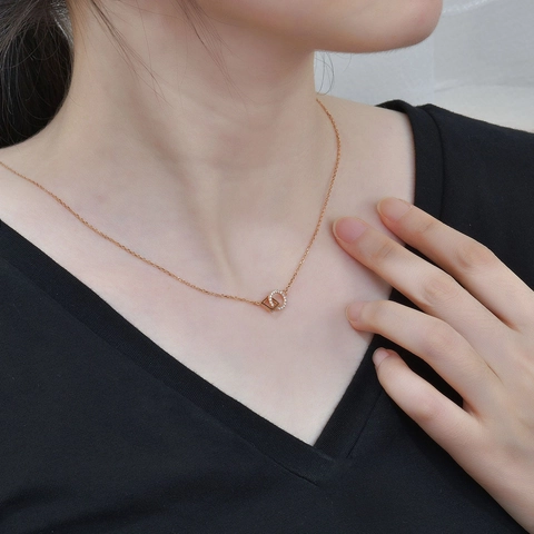 925 Sterling Silver Interlocking Square Round Pendant Necklace For Women Minimalist Geometric Rhinestone O-Chain Jewelry Gift