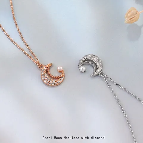 Collar con Colgante de Media Luna de Plata de Ley S925 y Perla Elegante Cadena de Clavícula con Strass Joyería Regalo Mujer