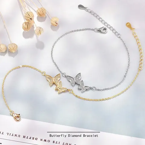 Pulsera de Mariposa de Plata de Ley 925 para Mujer Delicada Doble Mariposa Rhinestone Cadena de Eslabones Ajustable Joyería Regalo