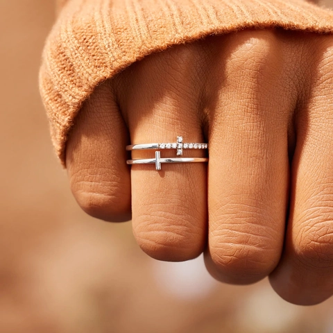 S925 Sterling Silver Double Layer Cross Ring For Women Inlaid Zirconia Minimalist Fashionable Religious Dainty Finger Ring Jewelry
