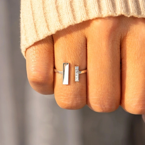 S925 Sterlingsilber Offener Ring Für Damen Minimalistisches Doppel T Geometrisches Verstellbares Band Strass Eingelegter Fingerring Mode Schmuck