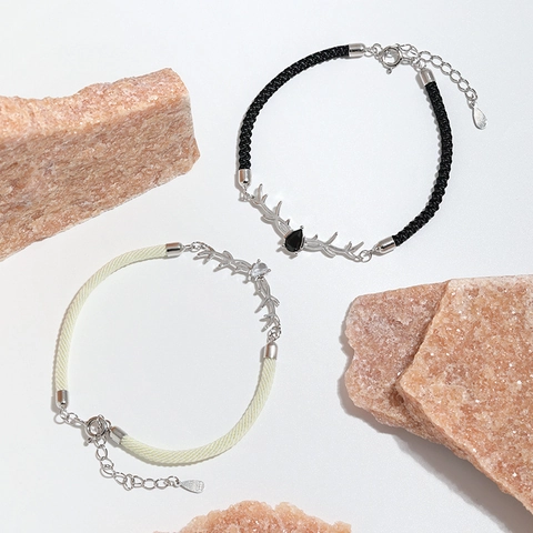 Pulsera de Pareja de Plata de Ley 925 Diseño de Astas Minimalista Trenzada con Colgante de Strass Regalo de Joyería de San Valentín