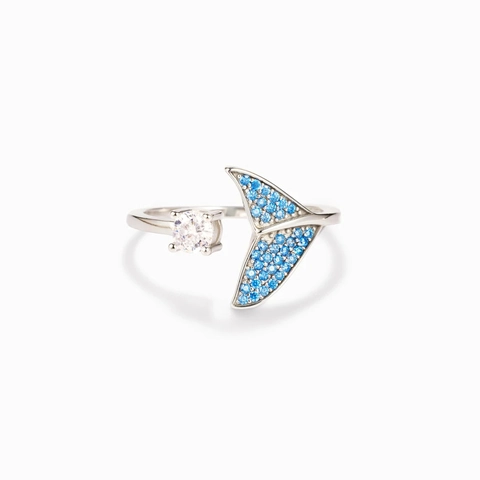 925 Sterling Zilveren Verstelbare Open Ring Voor Dames Zeemeermin Vissenstaart Ontwerp Blauw Wit Strass Mode Sieraden Ring