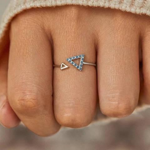 925 Sterling Silver Geometric Triangle Open Ring For Women Minimalist Inlaid Blue Zirconia Adjustable Finger Ring Fashion Jewelry