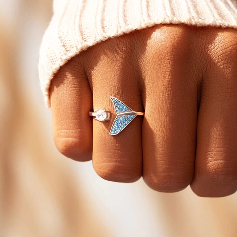 925 Sterling Zilveren Verstelbare Open Ring Voor Dames Zeemeermin Vissenstaart Ontwerp Blauw Wit Strass Mode Sieraden Ring