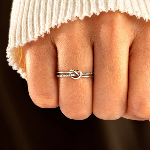 925 Sterling Silver Knot Ring For Women Double Layer Wrap Stackable Ring With Rhinestone Inlaid Fashion Jewelry Finger Ring Gift