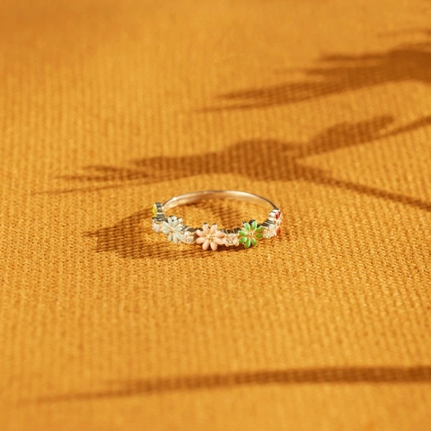 Bague en Argent Sterling 925 Émail Fleur Strass Colorés Incrustés Bague Florale Réglable Bijoux Élégants Pour Femmes