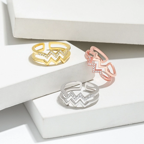 925 Sterlingsilber Doppelschicht Welle Zickzack Offener Ring Mit Zirkonia Eingelegt Verstellbarer Modeschmuck Für Damen Mädchen