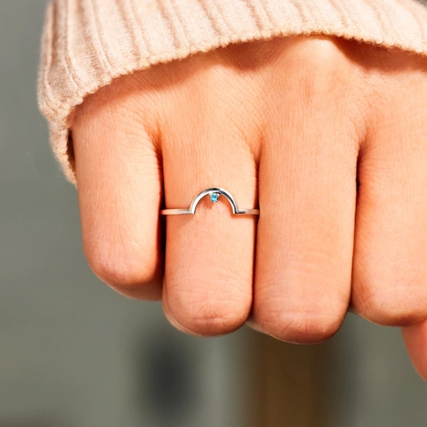 Minimalist 925 Sterling Silver Arched Bridge Ring For Women Inlaid Blue Rhinestone Geometric Finger Ring Fashion Jewelry