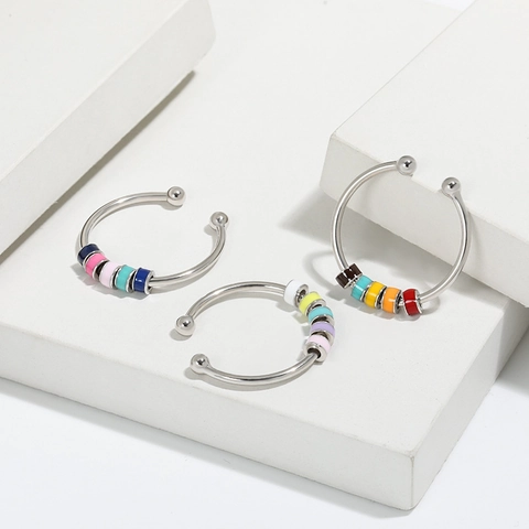 S925 Sterling Silver Colorful Enamel Rotatable Anxiety Ring For Women Adjustable Spinner Bead Stress Relief Open Finger Ring Jewelry