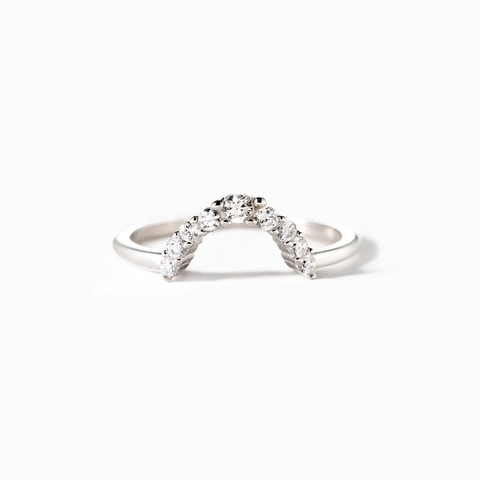 Anillo de Plata de Ley 925 Arqueado Pavé Circonia Geométrico en Forma de V Joyería Mujer Color Oro Blanco