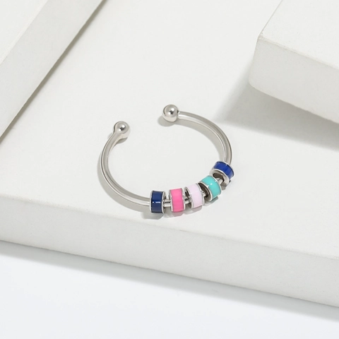 S925 Sterling Silver Colorful Enamel Rotatable Anxiety Ring For Women Adjustable Spinner Bead Stress Relief Open Finger Ring Jewelry