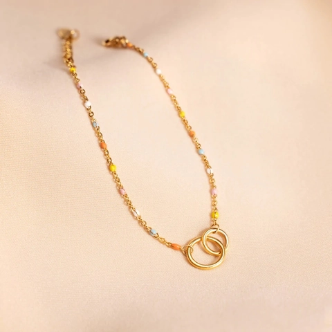 Bracciale in Argento Sterling 925 con Doppi Anelli Intrecciati per Donna Colorate Perline in Smalto Catena Regolabile Gioielli