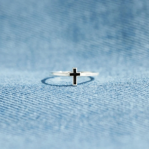Anello a Croce in Argento Sterling S925 per Donna Minimalista in Smalto Nero Anello Religioso Gioielli di Moda Regalo per Figlia