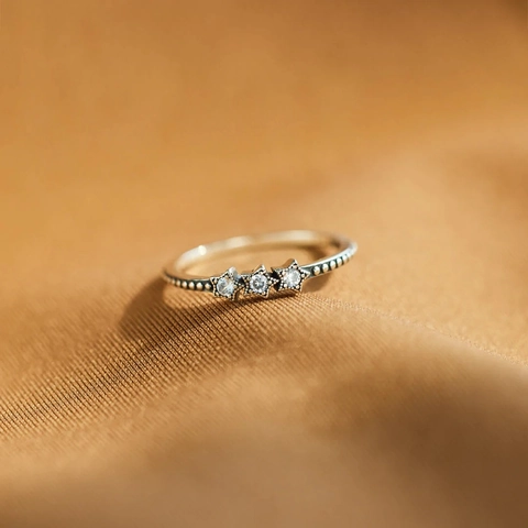 S925 Sterling Zilveren Triple Ster Ring Met Strass Minimalistische Kraal Textuur Band Vingerring Mode Sieraden Cadeau Voor Vrouwen