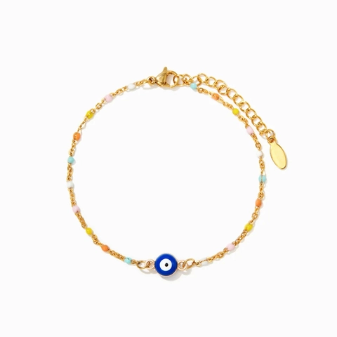 Pulsera de Ojo Turco de Plata de Ley S925 Chapado en Oro Cuentas de Colores Esmalte Cadena Protección Joyería Mujer Moda