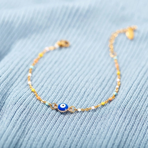 Pulsera de Ojo Turco de Plata de Ley S925 Chapado en Oro Cuentas de Colores Esmalte Cadena Protección Joyería Mujer Moda