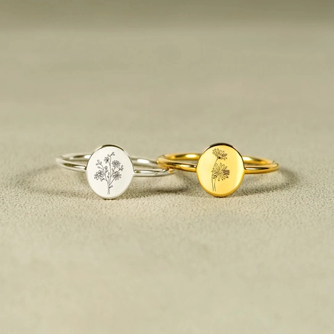 925 Sterling Silver Birth Month Flower Engraved Open Ring Minimalist Geometric Oval Floral Signet Adjustable Ring For Women Jewelry Gift