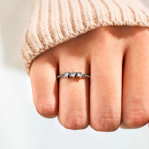 S925 Sterling Zilveren Triple Ster Ring Met Strass Minimalistische Kraal Textuur Band Vingerring Mode Sieraden Cadeau Voor Vrouwen