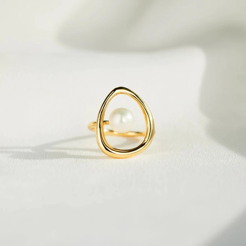 S925 Sterlingsilber Künstliche Perle Ring Unregelmäßig Geometrisch Hohl Vergoldet Minimalistischer Modeschmuck Für Damen
