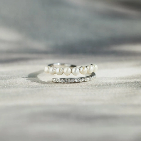 925 Sterlingsilber Doppellagiger Offener Ring Für Damen Minimalistische Künstliche Perle Strass Verstellbarer Fingerring Schmuck Geschenk