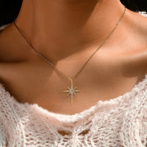 Collar con Colgante de Estrella del Norte de Plata de Ley 925 para Mujer Bañado en Oro Estrella de Ocho Puntas con Incrustaciones de Strass Joyería