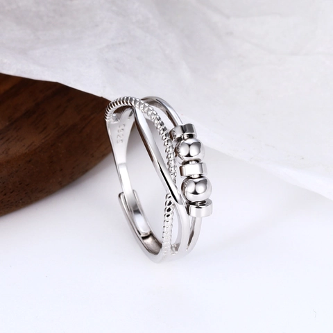 S925 Sterling Silver Spinning Beads Anxiety Ring For Women Adjustable Open Cross Multi Layer Stress Relief Lucky Ring Jewelry
