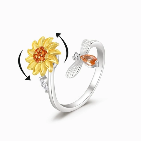 S925 Sterling Silver Sunflower Bee Spinner Fidget Ring For Women Adjustable Open Two Tone Zirconia Minimalist Band Jewelry