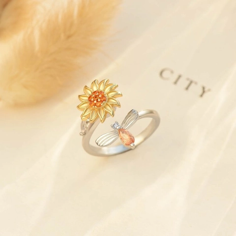 S925 Sterling Silver Sunflower Bee Spinner Fidget Ring For Women Adjustable Open Two Tone Zirconia Minimalist Band Jewelry