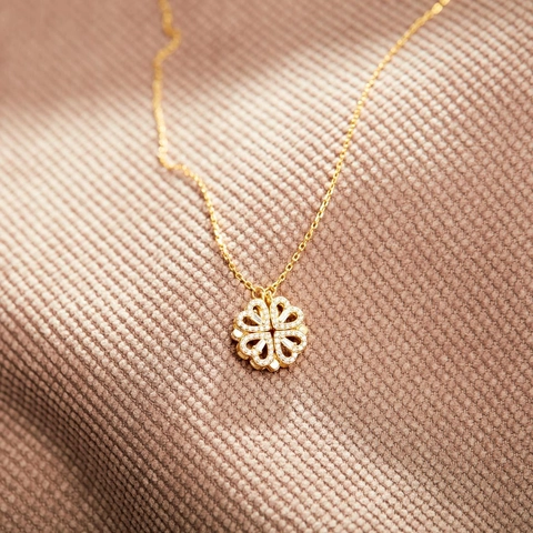 Collana a Quadrifoglio a Cuore Magnetica in Argento Sterling 925 Strass Placcato Oro Gioielli di Moda Regalo per Donna
