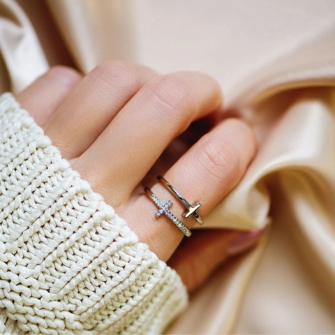 925 Sterlingsilber Doppelschicht Kreuz Zirkonia Verstellbarer Offener Ring Minimalistisch Mode Fingerring Schmuck Für Damen