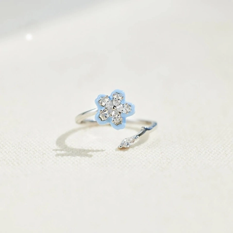 Anillo de Plata de Ley S925 Con Flor Azul Esmaltada Circonia Giratoria para Mujer Joyería Anillo de Dedo Abierto Ajustable de Moda Regalo